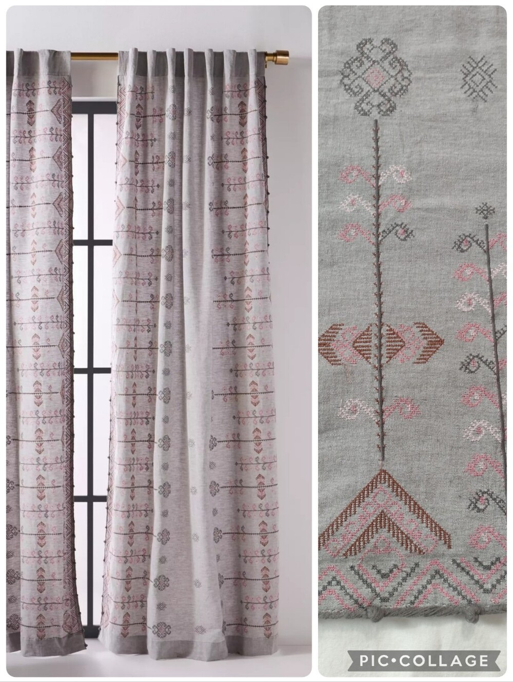 Anthropologie Cotton Linen Embroidered Natani Curtain Single Panel Grey Pink